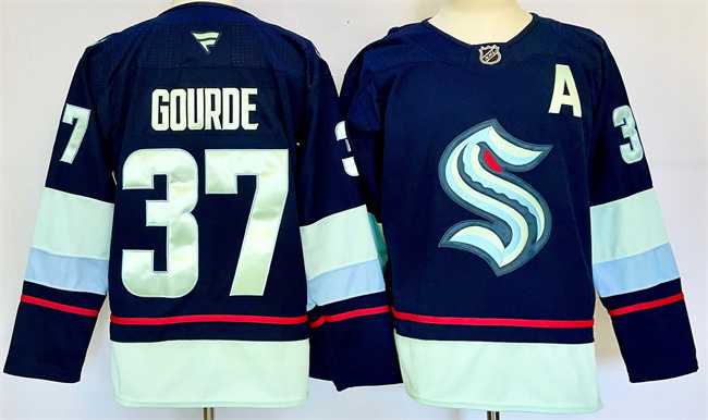 Mens Seattle Kraken #37 Yanni Gourde Navy 2024-25 Home With A Patch Stitched Hockey Jersey